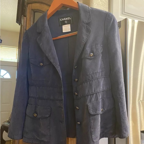 ⭐️ Chanel  Navy  Black Trim Silk Taffeta Jacket - Picture 3 of 17